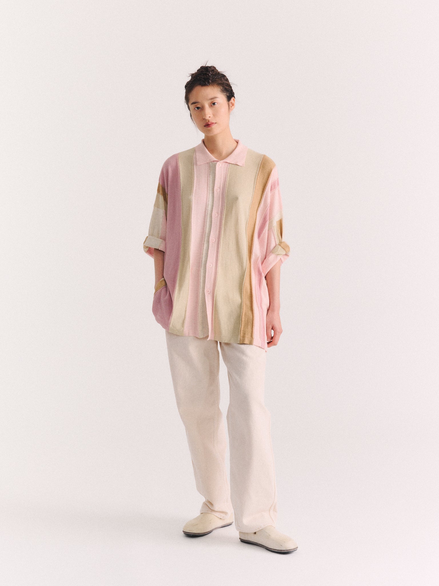 SHIRT - STRIPE PATCHWORK - PINK/BEIGE STRIPES