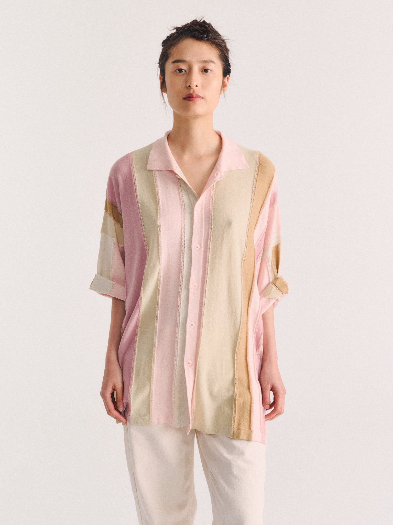 SHIRT - STRIPE PATCHWORK - PINK/BEIGE STRIPES