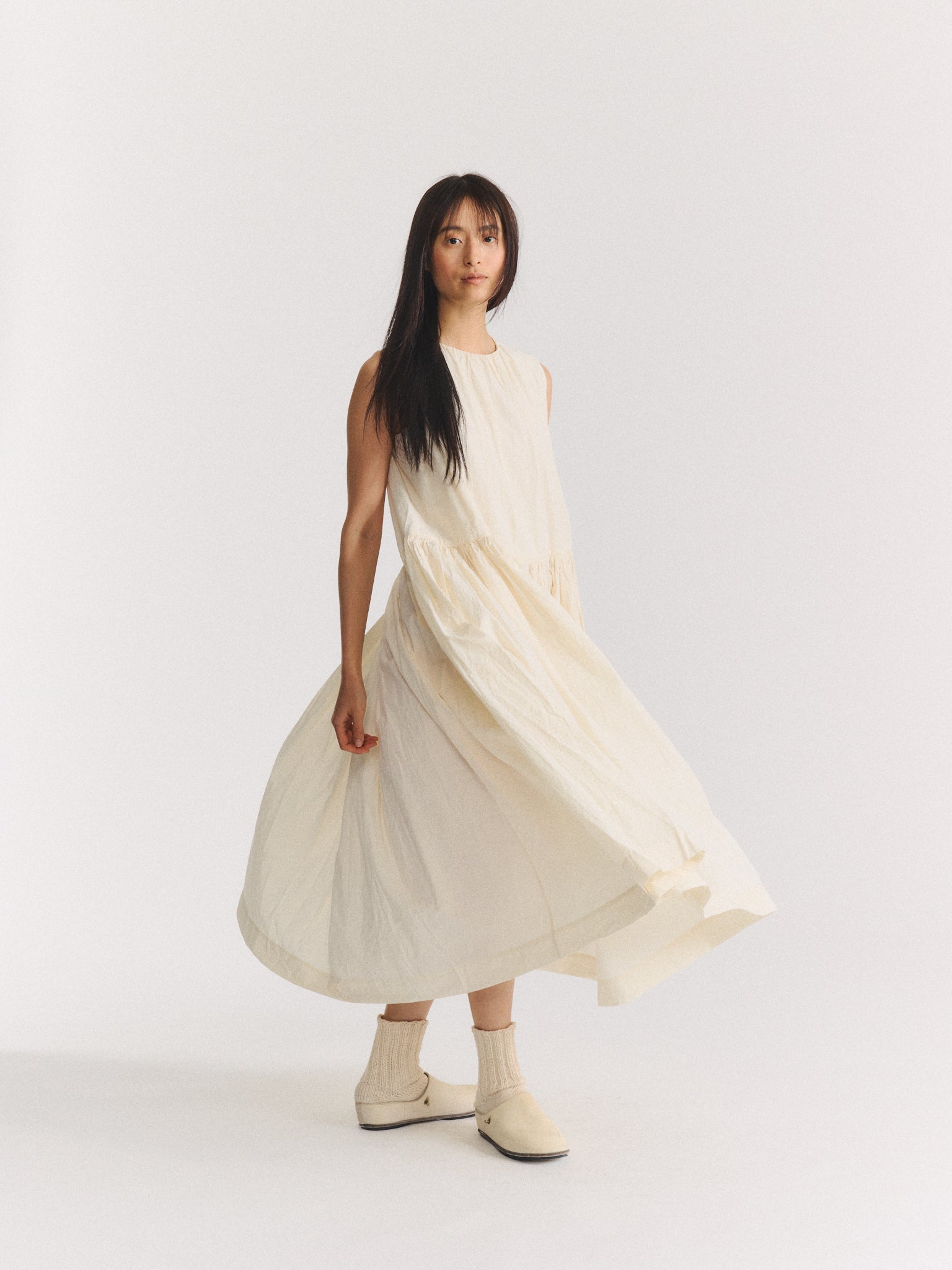 POMME RUCHEE DRESS - CHALK POPLIN - OFF WHITE