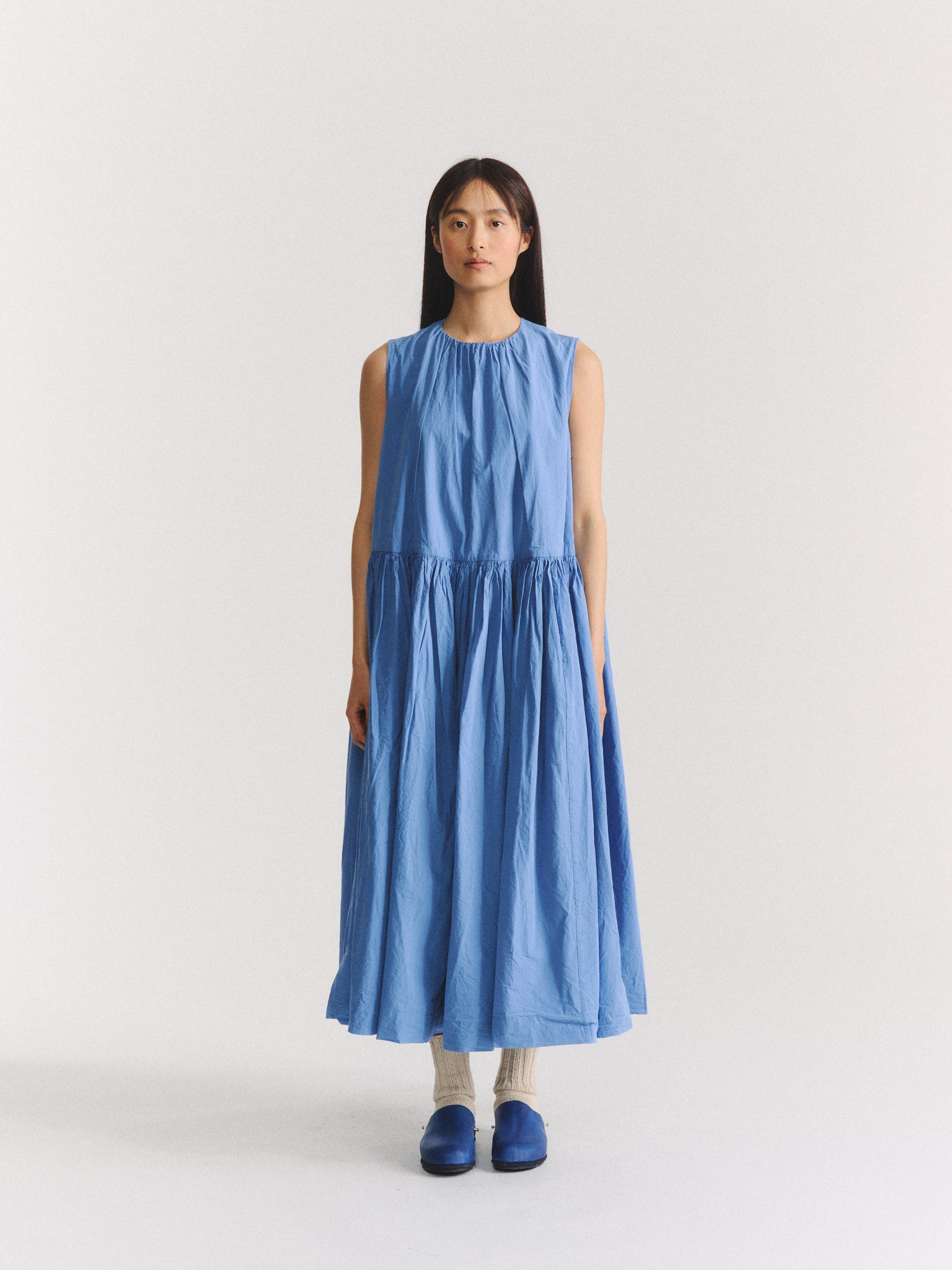 ROBE POMME RUCHEE - POPELINE CHALK - BLEU LEGER