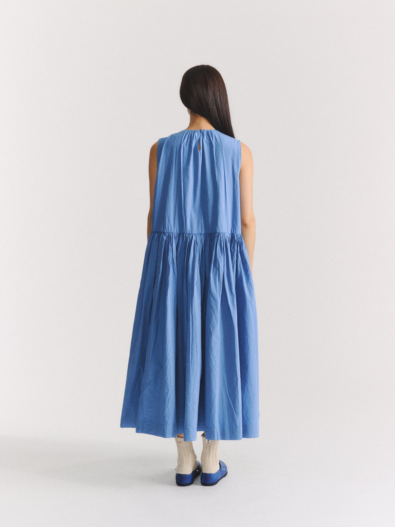 ROBE POMME RUCHEE - POPELINE CHALK - BLEU LEGER