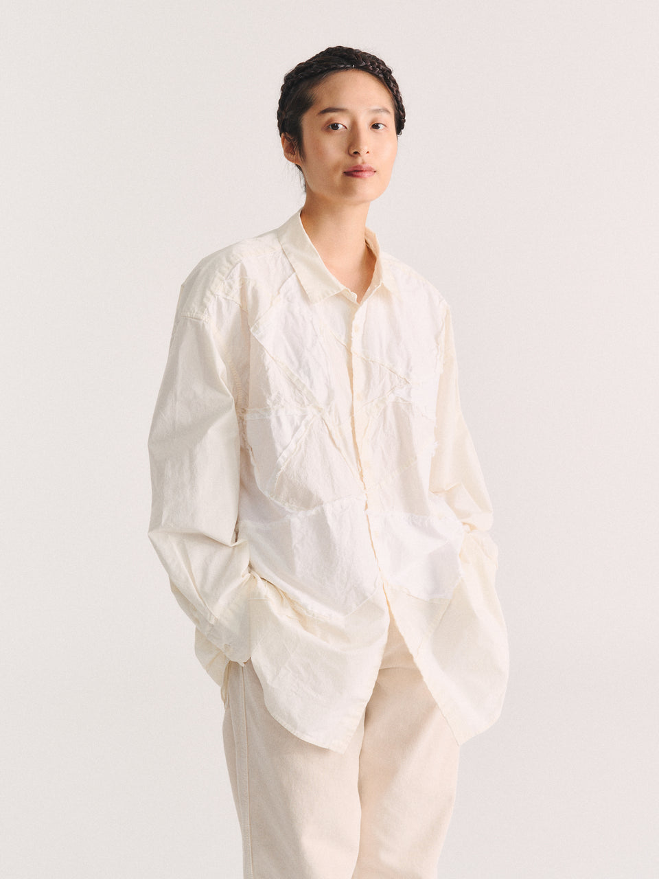 HAMNET FLOWER PATCHWORK SHIRT - MIX FABRIC - WHITE