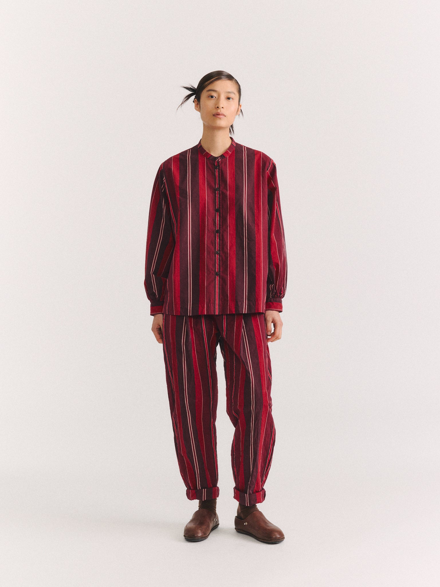 BIGGY GRANDAD SHIRT - PAPER COT STRIPE - REDS STRIPES