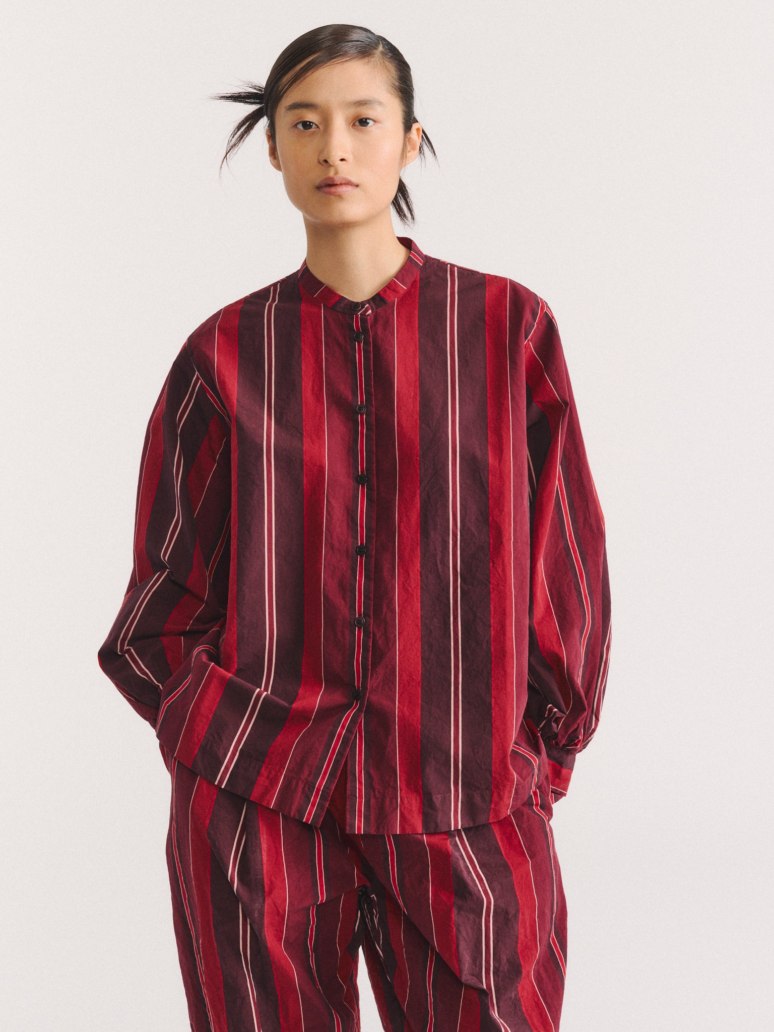 BIGGY GRANDAD SHIRT - PAPER COT STRIPE - REDS STRIPES