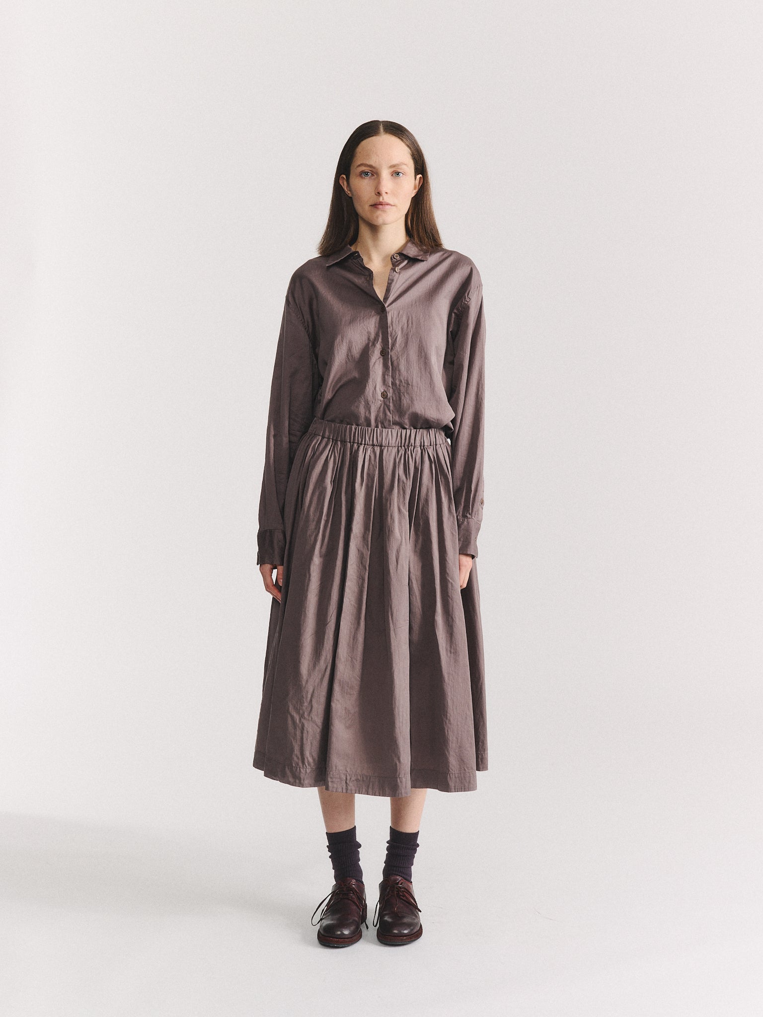 BB PLEAT SKIRT - TWILL COT SILK - CLAY