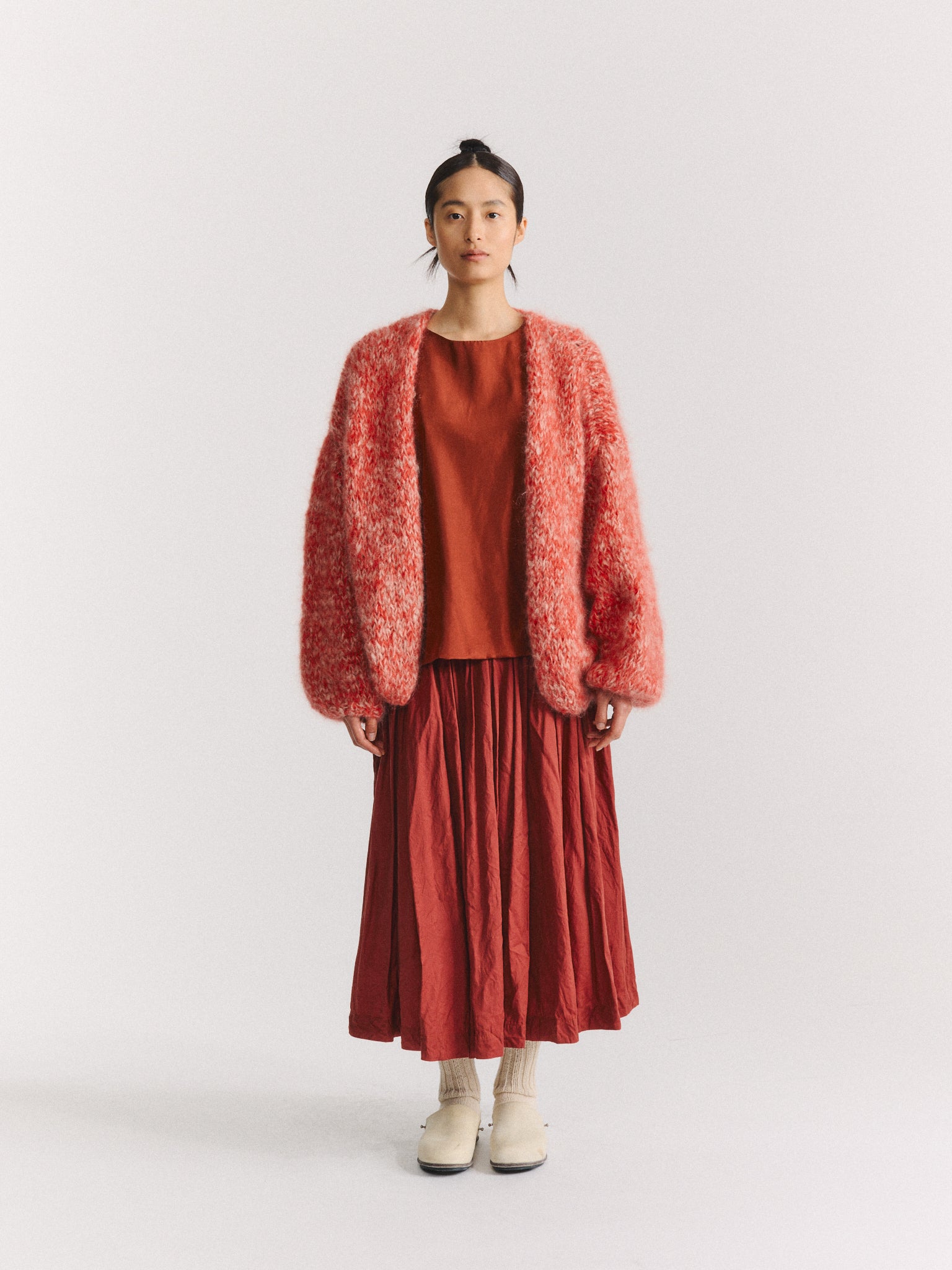 SHORT CARDIGAN - MOHAIR - ECRU/CORAIL
