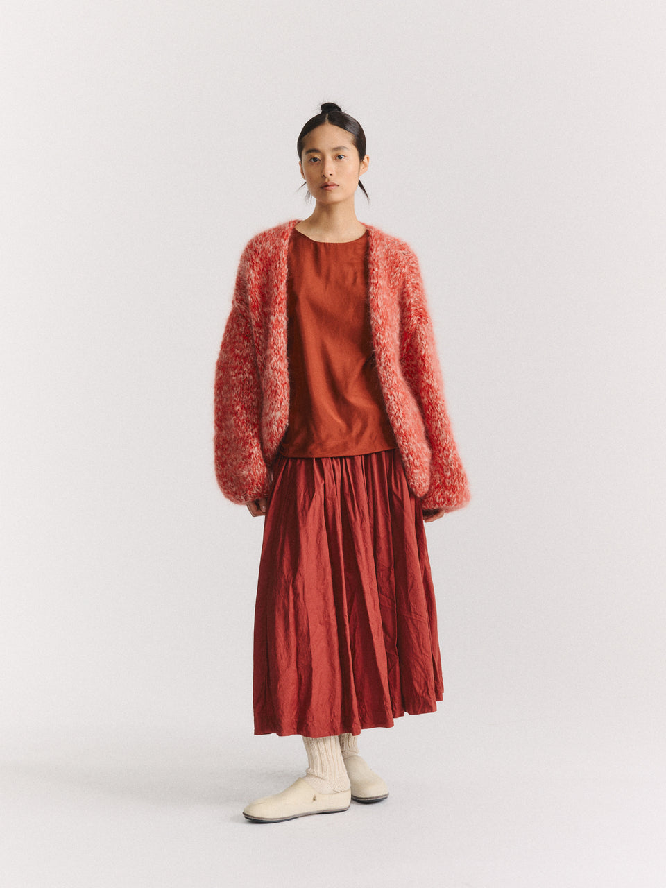 SHORT CARDIGAN - MOHAIR - ECRU/CORAIL
