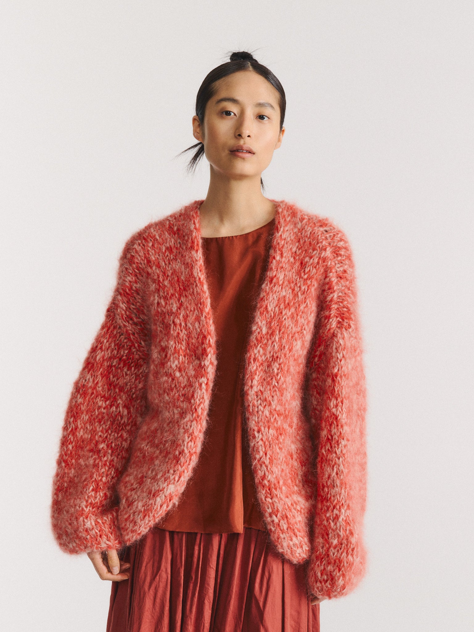 SHORT CARDIGAN - MOHAIR - ECRU/CORAIL