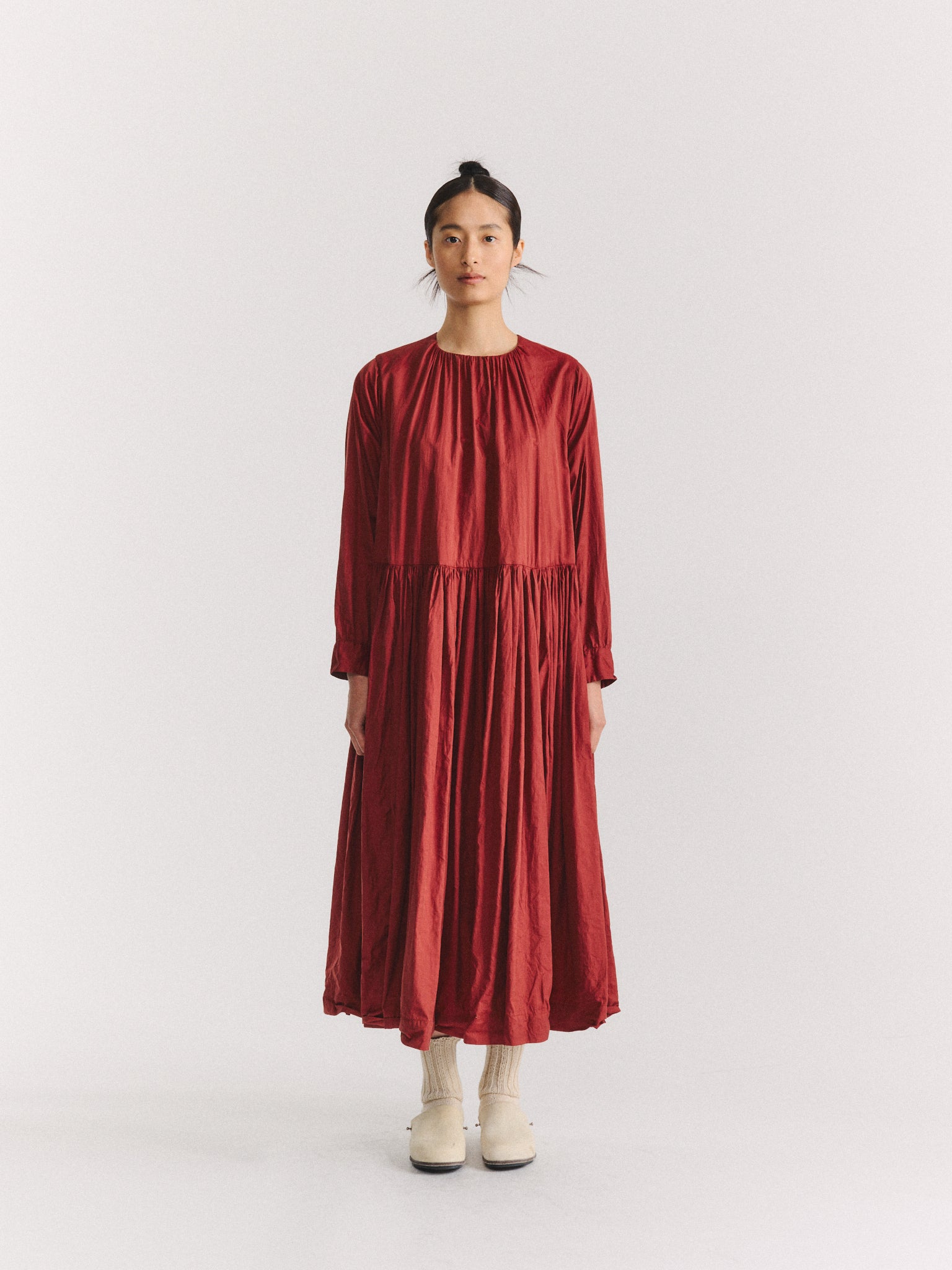 POMME RUCHEE DRESS - TWIL COT SILK - BRICK