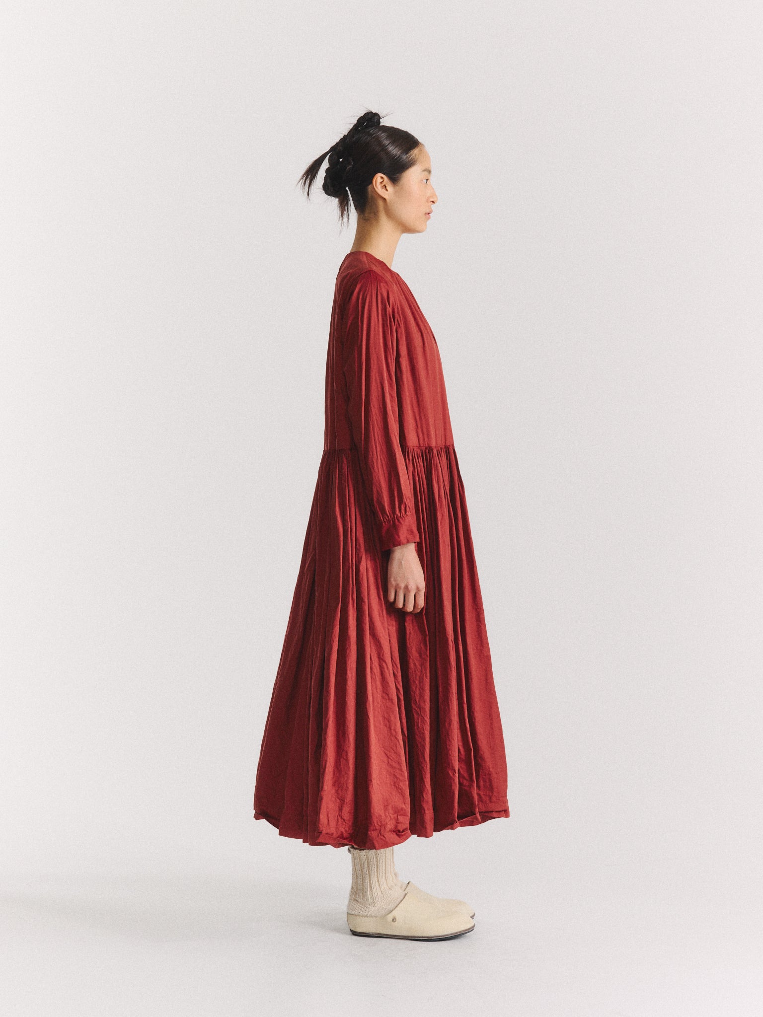 POMME RUCHEE DRESS - TWIL COT SILK - BRICK