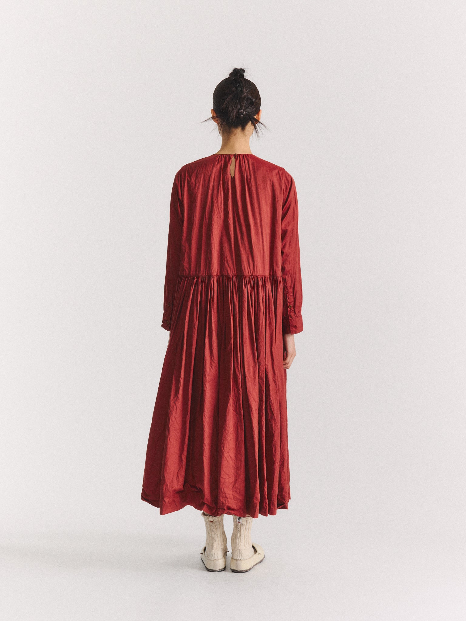 POMME RUCHEE DRESS - TWIL COT SILK - BRICK