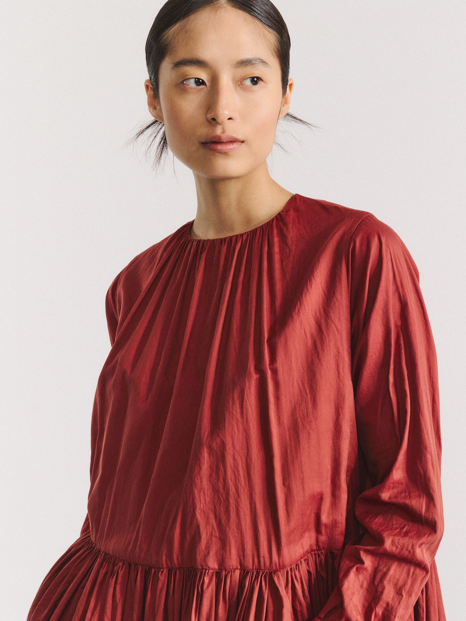 POMME RUCHEE DRESS - TWIL COT SILK - BRICK