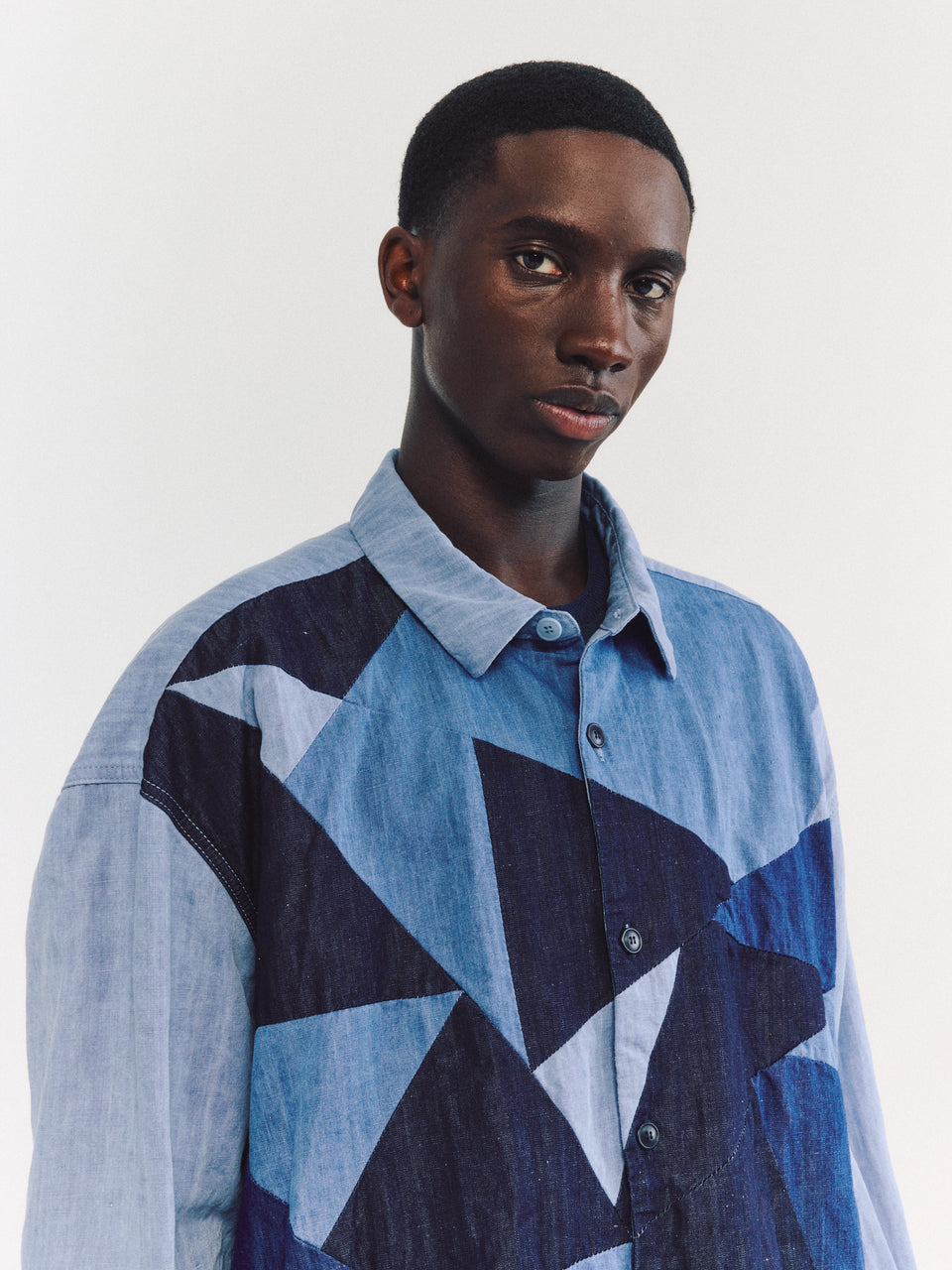 HAMNET FLOWER SHIRT -MIX FABRIC - LIGHT INDIGO