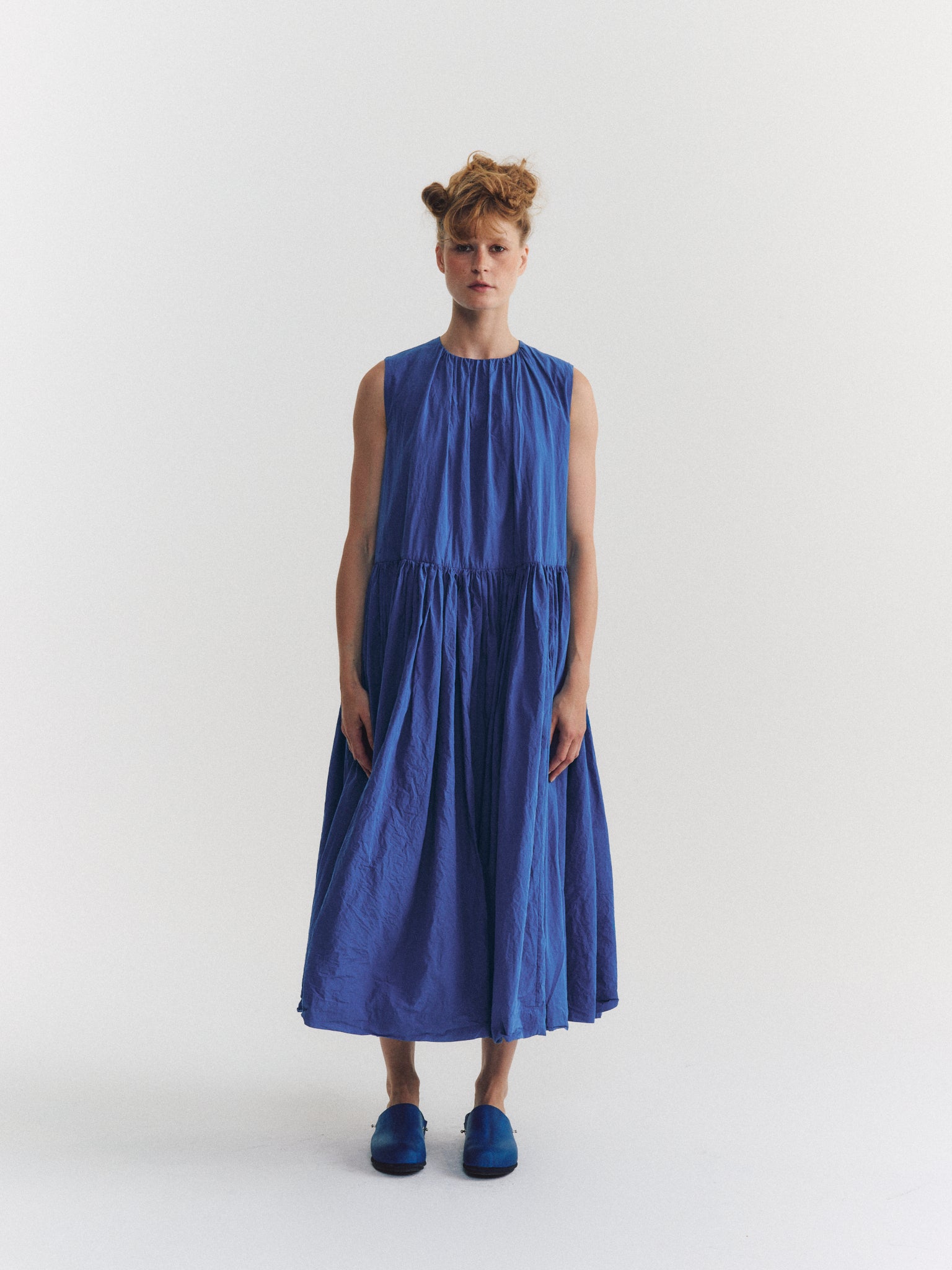 ROBE POMME RUCHEE - POPELINE CHALK - BLEU MOYEN