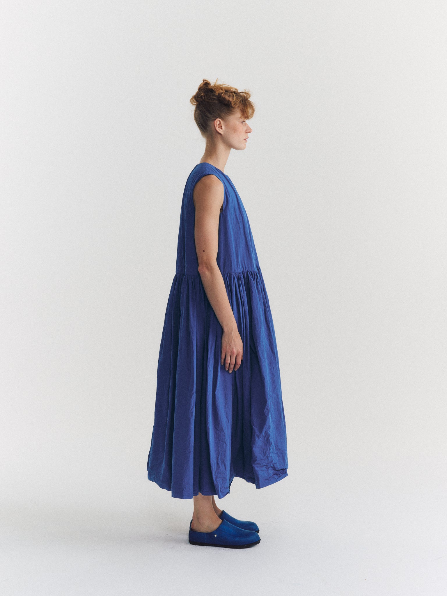 ROBE POMME RUCHEE - POPELINE CHALK - BLEU MOYEN