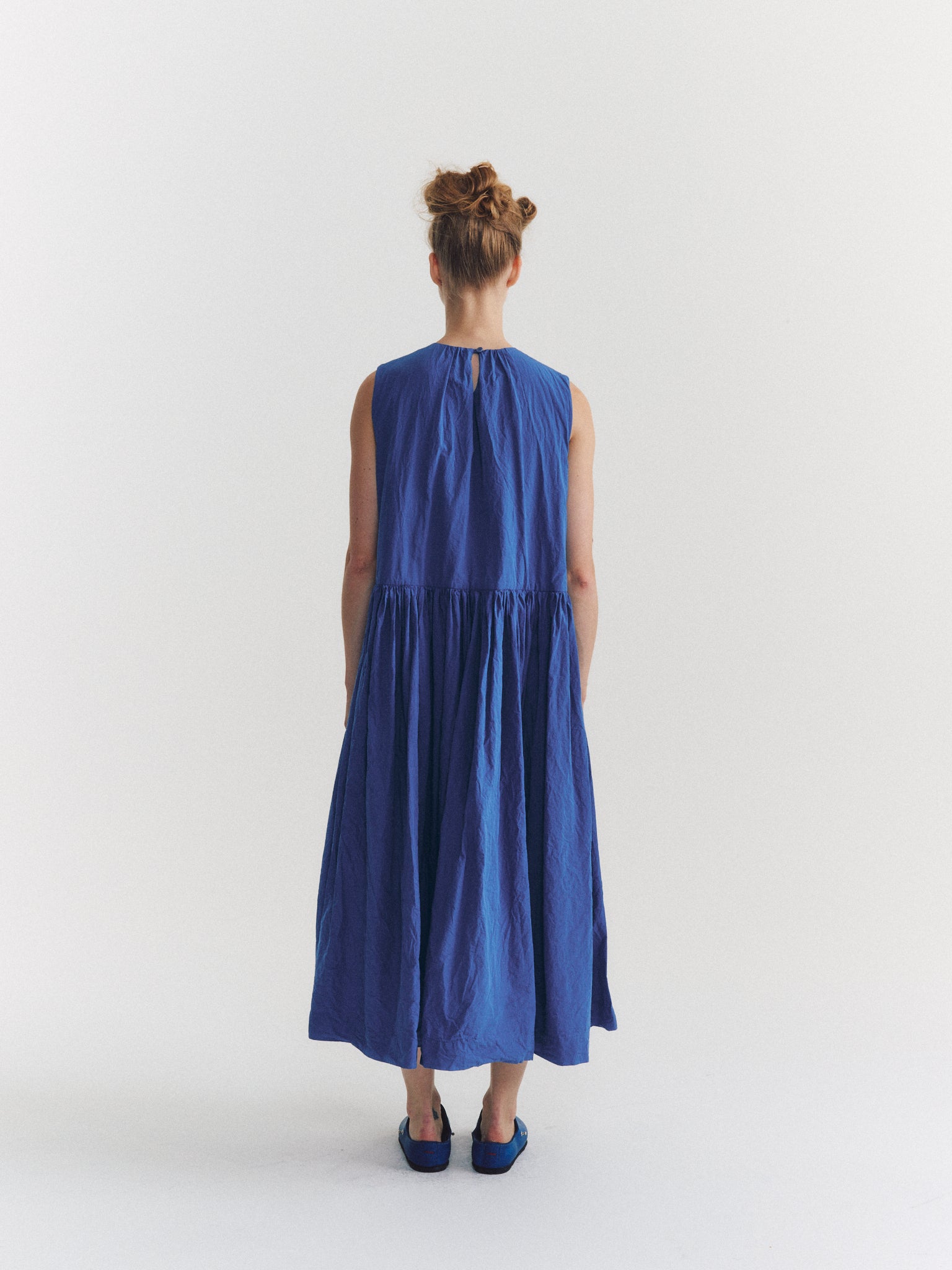 ROBE POMME RUCHEE - POPELINE CHALK - BLEU MOYEN