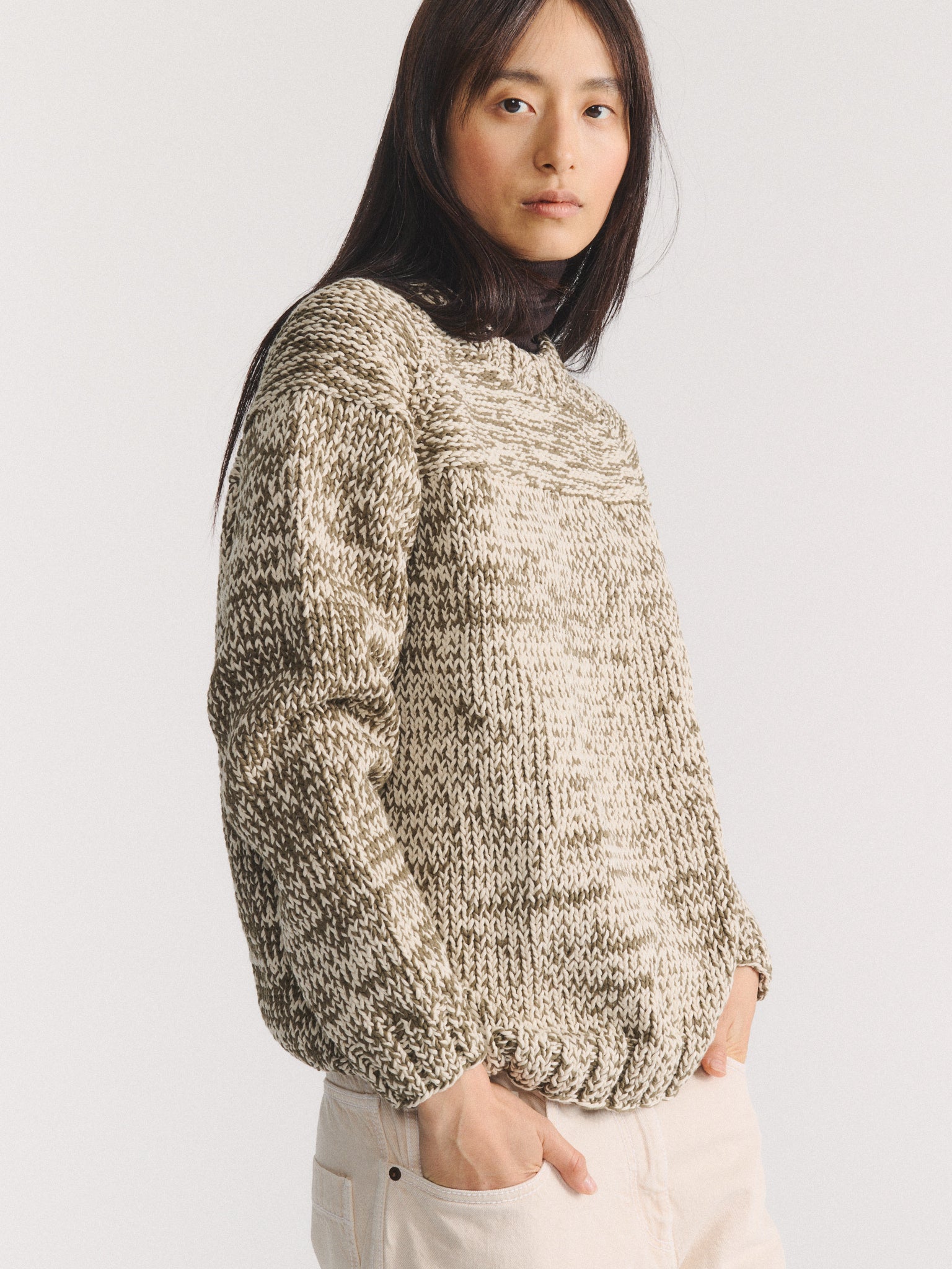 MIX STITCH JUMPER - KHAKI/CHALK